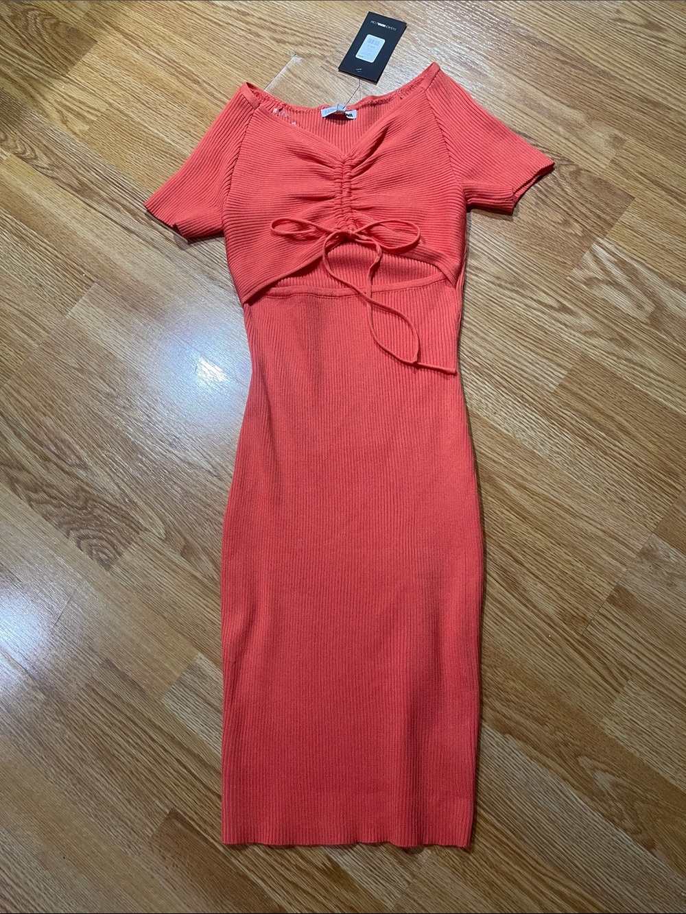 Fashion Nova Coral Ribbed Tie-Front Midi Dress